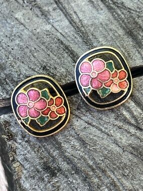 Vintage Cloisonné Enamel Floral Stud Earrings